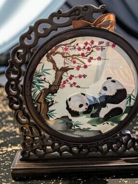 Embroidered Panda Scene in Round Wooden Frame